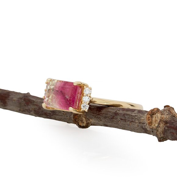1.68cts Bi-Color Tourmaline Ring in Solid 14K Gold with Natural Diamond Accents - Picture 7 of 11